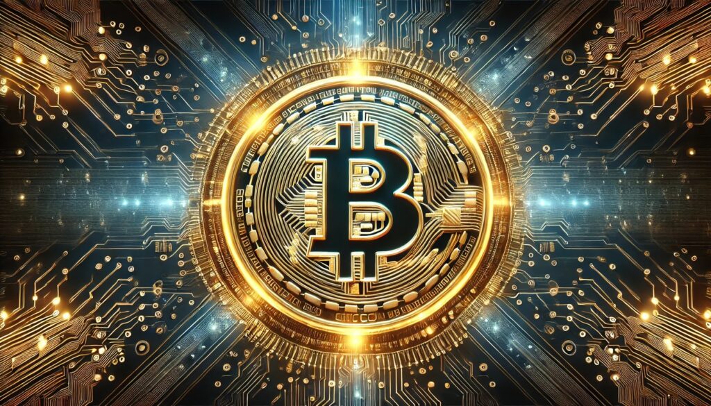 DALL·E-2024-12-31-08.10.16-A-visually-striking-wide-format-image-of-a-large-brilliantly-lit-Bitcoin.jpeg