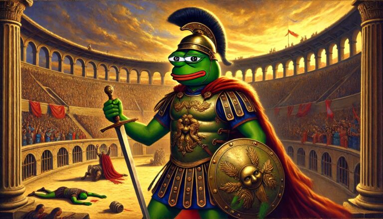 DALL·E-2025-01-01-12.31.12-A-realistic-style-painting-featuring-Pepe-the-Frog-as-a-triumphant-gladia.jpeg