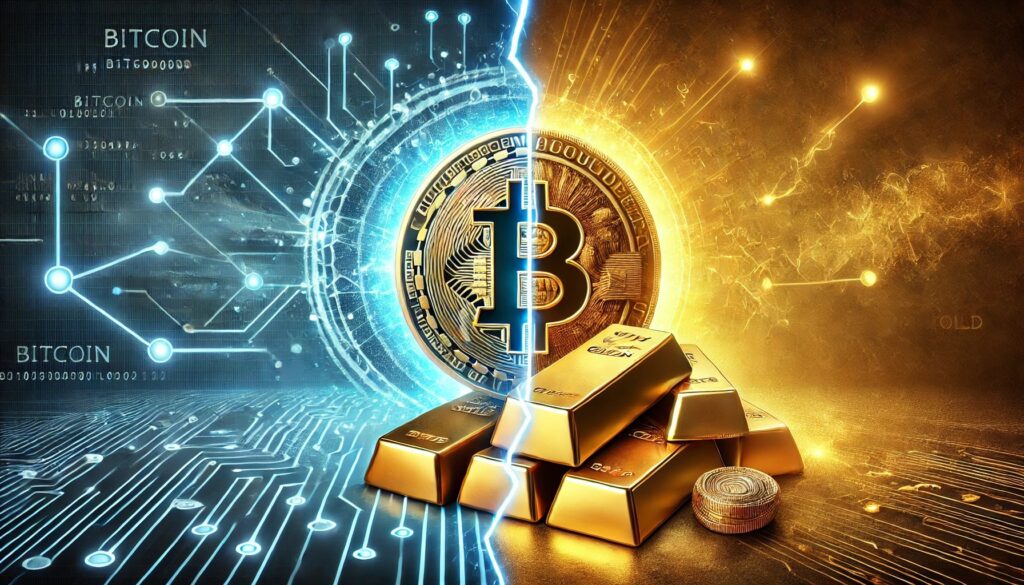 DALL·E-2025-02-13-08.40.02-A-dramatic-visual-representation-of-Bitcoin-versus-Gold.-On-one-side-a-gl.jpeg